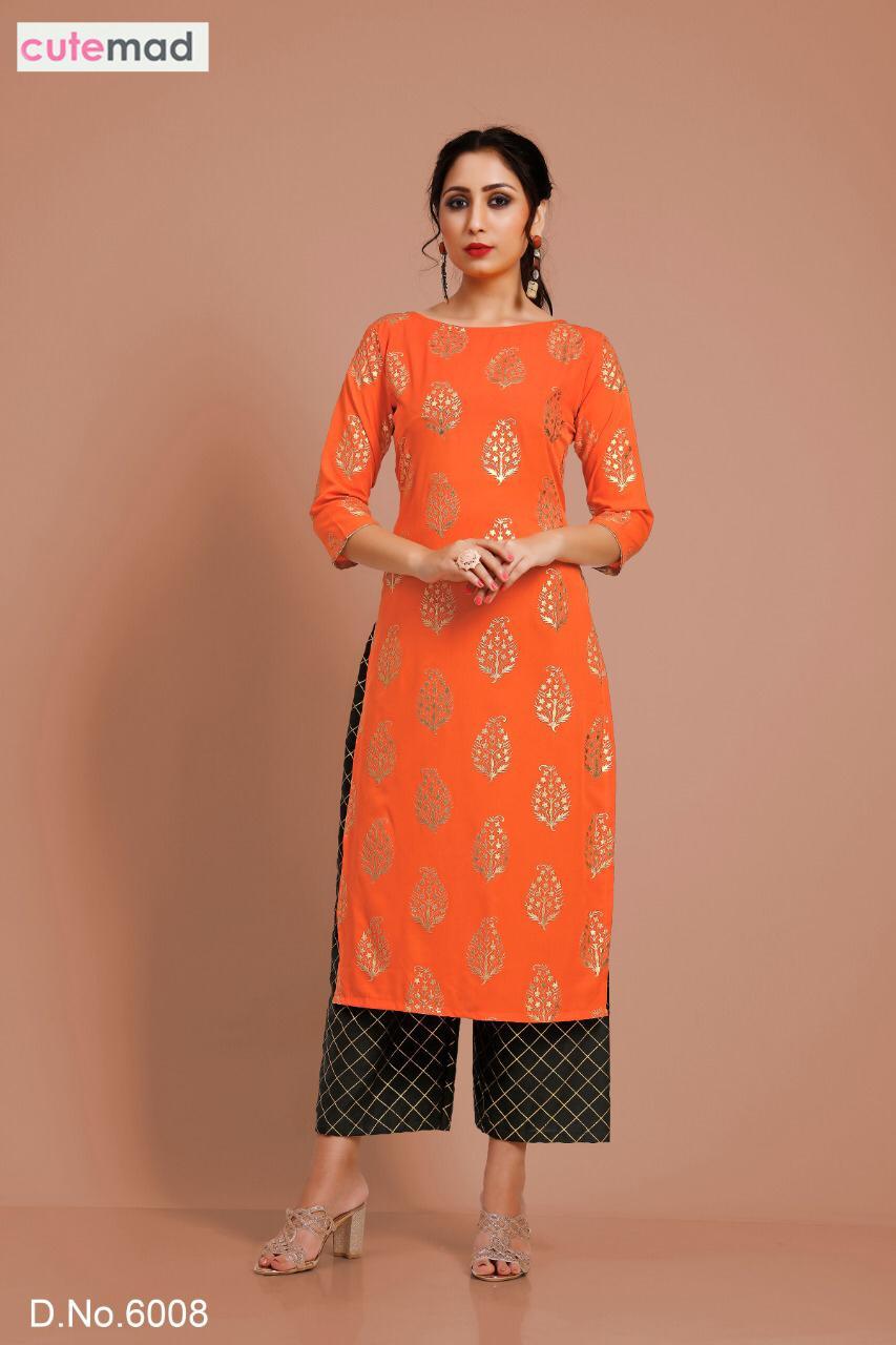 Cutemad Vol-6 Party Wear Malai Crape Kurtis With Palazzo - Malai Crape, Sizes L/xl/xxl, Printed Foil Work, 3/4 Sleeve Style | Quick Dry, Washable, Dry Clean Only