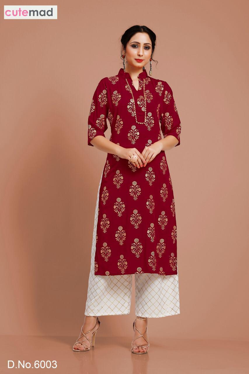 Cutemad Vol-6 Party Wear Malai Crape Kurtis With Palazzo - Malai Crape, Sizes L/xl/xxl, Printed Foil Work, 3/4 Sleeve Style | Quick Dry, Washable, Dry Clean Only