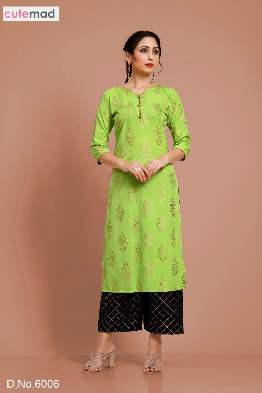 Cutemad Vol-6 Party Wear Malai Crape Kurtis With Palazzo - Malai Crape, Sizes L/xl/xxl, Printed Foil Work, 3/4 Sleeve Style | Quick Dry, Washable, Dry Clean Only