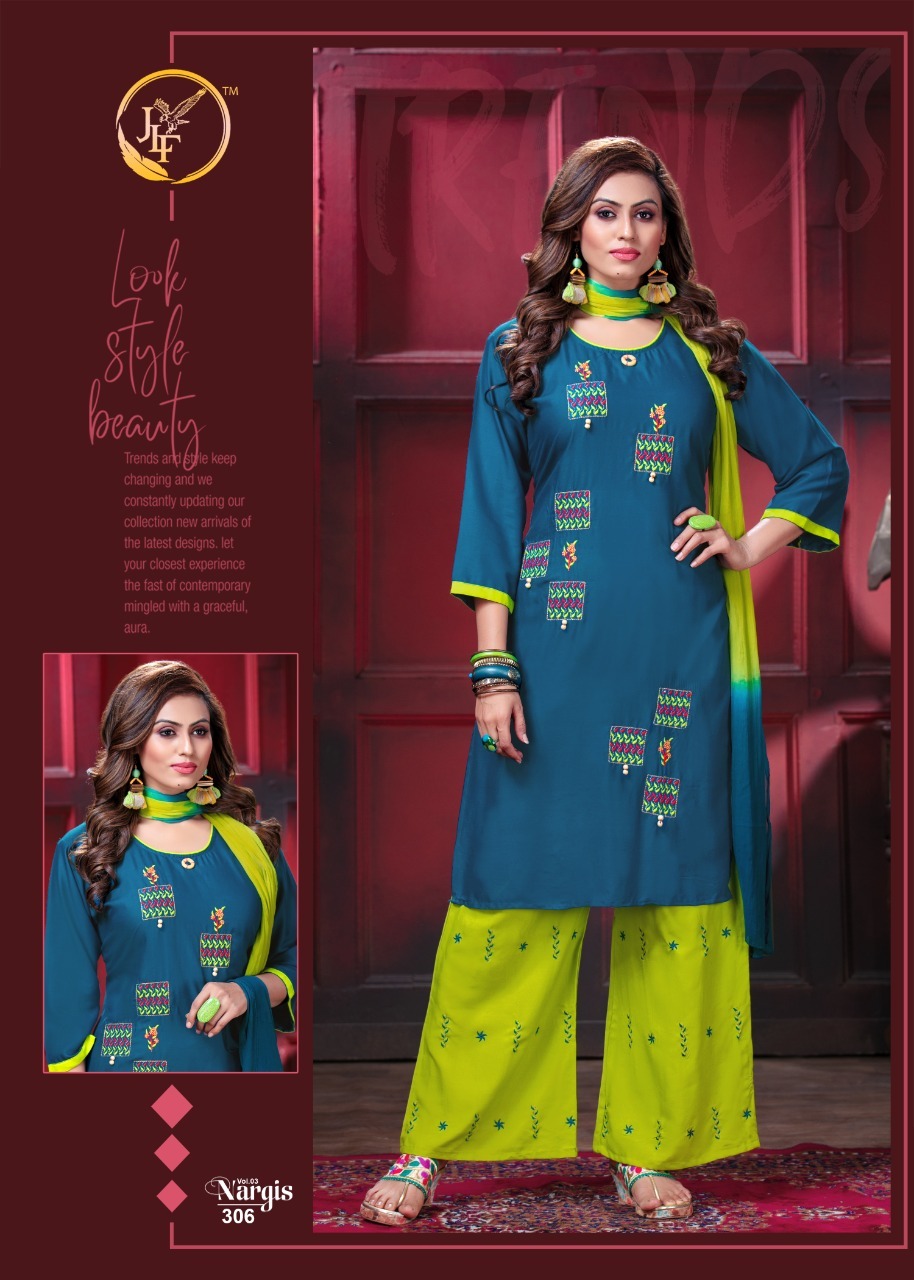 Nargis Vol-3 Rayon Kurti Plazo With Dupatta - 14kg Rayon, Sizes L Xl Xxl, 3/4 Sleeve, Embroidered, Ethnic & Party Wear Style | Quick Dry, Washable, Dry Clean Only