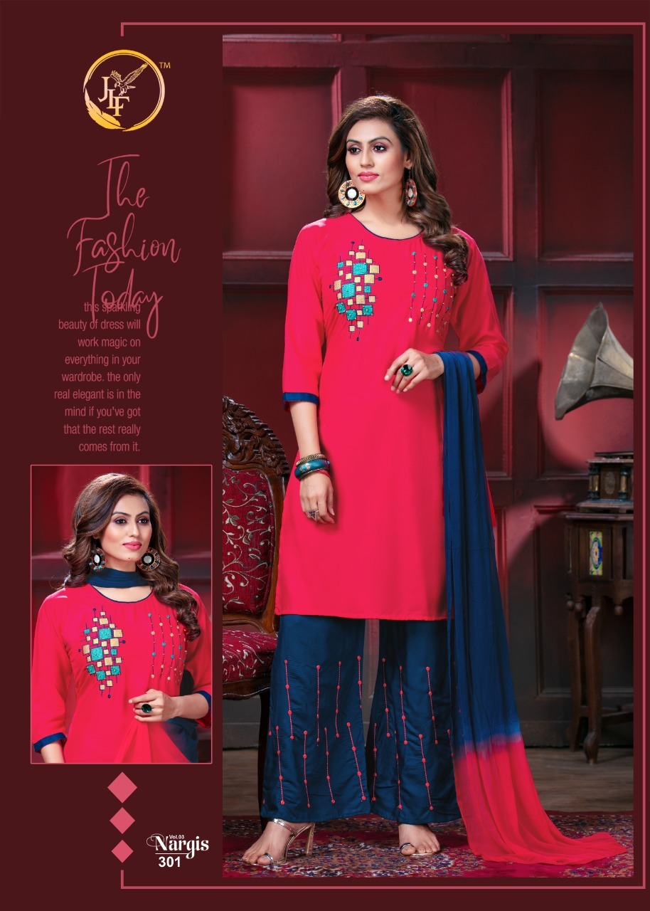 Nargis Vol-3 Rayon Kurti Plazo With Dupatta - 14kg Rayon, Sizes L Xl Xxl, 3/4 Sleeve, Embroidered, Ethnic & Party Wear Style | Quick Dry, Washable, Dry Clean Only
