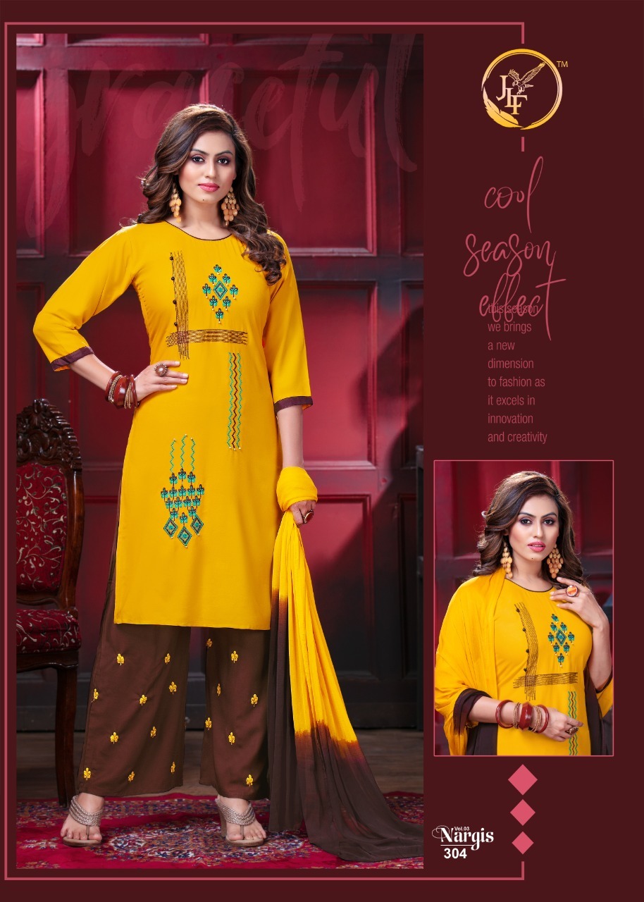 Nargis Vol-3 Rayon Kurti Plazo With Dupatta - 14kg Rayon, Sizes L Xl Xxl, 3/4 Sleeve, Embroidered, Ethnic & Party Wear Style | Quick Dry, Washable, Dry Clean Only