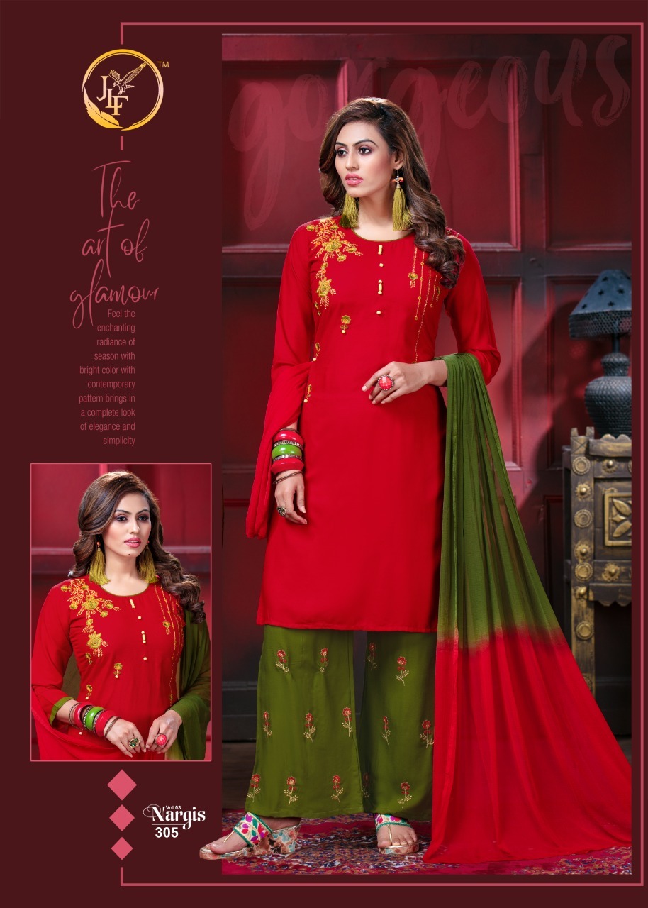 Nargis Vol-3 Rayon Kurti Plazo With Dupatta - 14kg Rayon, Sizes L Xl Xxl, 3/4 Sleeve, Embroidered, Ethnic & Party Wear Style | Quick Dry, Washable, Dry Clean Only