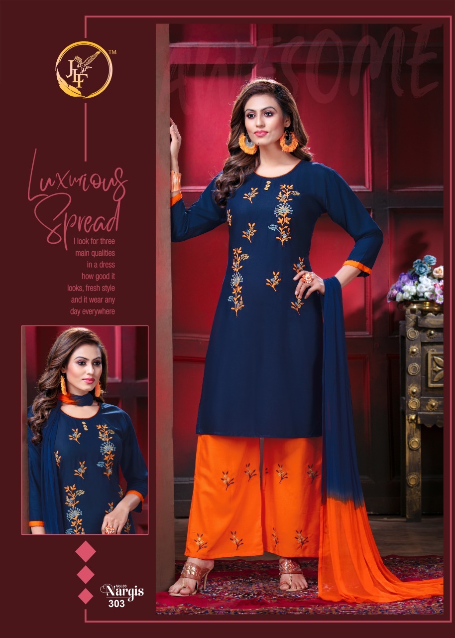 Nargis Vol-3 Rayon Kurti Plazo With Dupatta - 14kg Rayon, Sizes L Xl Xxl, 3/4 Sleeve, Embroidered, Ethnic & Party Wear Style | Quick Dry, Washable, Dry Clean Only