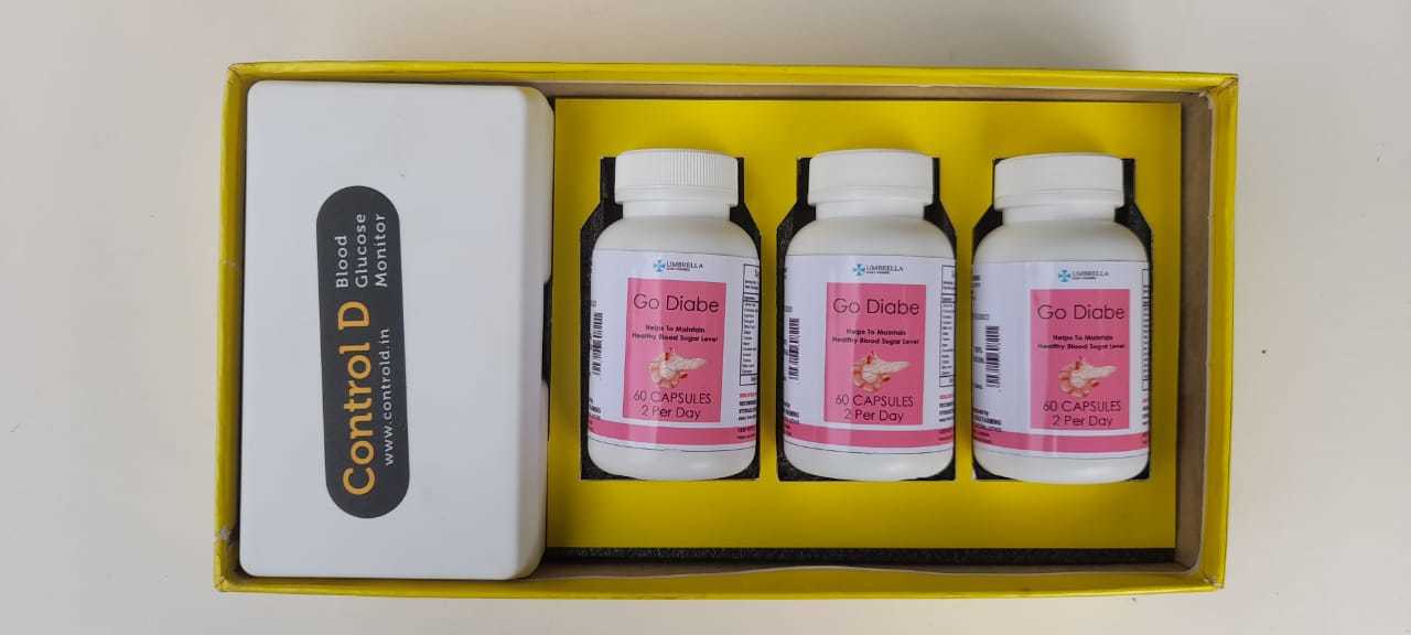 Go Diabe - Herbal Anti Diabetic Capsules | 60 Capsules, Non-prescription, Blood Sugar Control, Includes Glucometer & Diet Chart