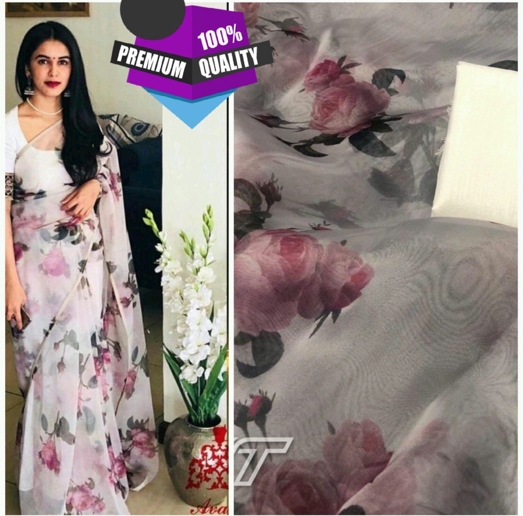 Saree - Organza With Digital Print, 6.30 Length With Banglori Cotton Blouse, Multi-color For Traditional Occasions