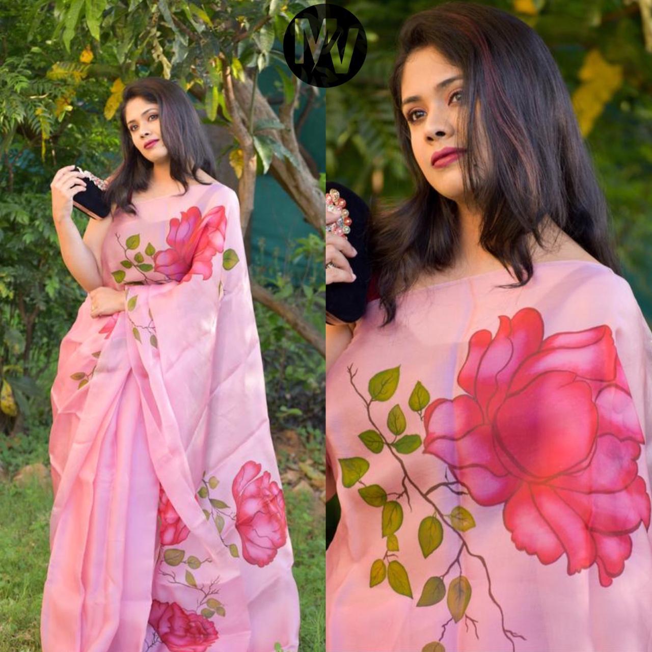 Saree - Organza With Digital Print, 6.30 Length With Banglori Cotton Blouse, Multi-color For Traditional Occasions