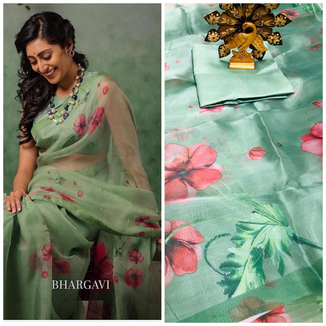 Saree - Organza With Digital Print, 6.30 Length With Banglori Cotton Blouse, Multi-color For Traditional Occasions
