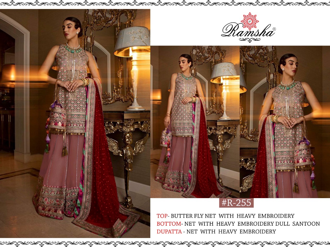 Preferable Net Multi Colour Pakistani Salwar Suit - Net Heavy Embroidery & Handwork, Dull Santoon Bottom, Full Sleeves, Customized Size, Dry Clean Only
