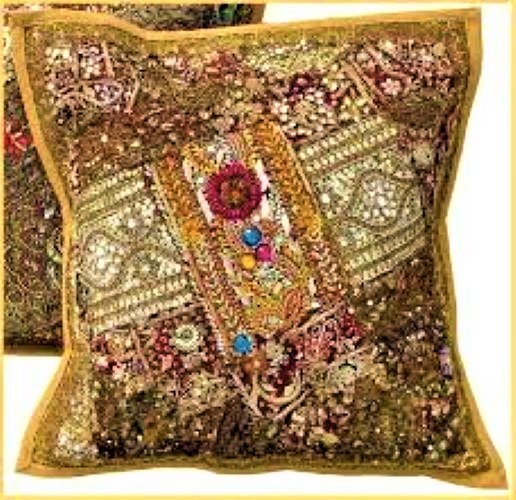 Hand Made Patch Beded Cushion Cover - 16x16 Inches, Multi Color | Ethnic Style, 100% Polyester, Decorative Beaded Pattern, Zippered Closure, 200 Grams
