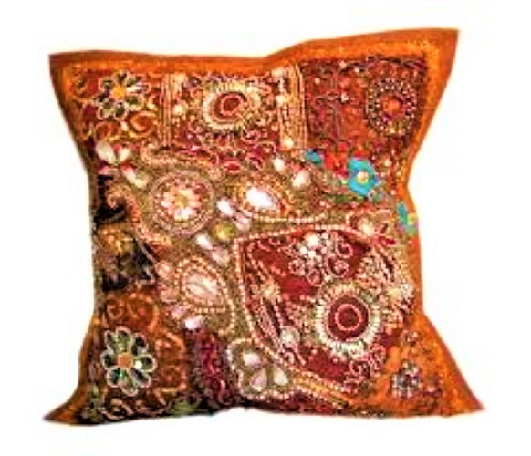 Hand Made Patch Beded Cushion Cover - 16x16 Inches, Multi Color | Ethnic Style, 100% Polyester, Decorative Beaded Pattern, Zippered Closure, 200 Grams