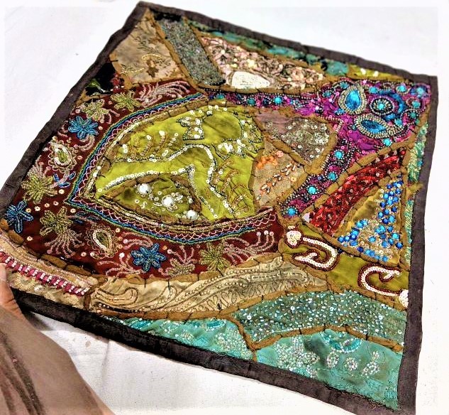 Hand Made Patch Beded Cushion Cover - 16x16 Inches, Multi Color | Ethnic Style, 100% Polyester, Decorative Beaded Pattern, Zippered Closure, 200 Grams