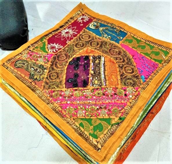Hand Made Patch Beded Cushion Cover - 16x16 Inches, Multi Color | Ethnic Style, 100% Polyester, Decorative Beaded Pattern, Zippered Closure, 200 Grams