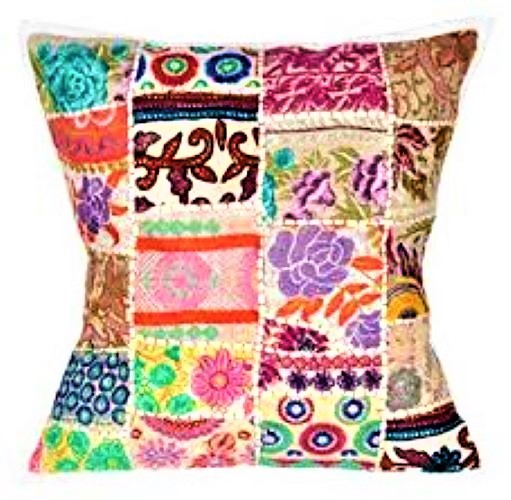 Handmade Ethnic Style Patch Cushion Cover - 16x16 Inch, Multi Color | 100% Polyester, Beaded Pattern, Decorative Fiber Filling, Zipper Closure