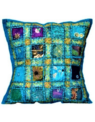 Handmade Ethnic Style Patch Cushion Cover - 16x16 Inch, Multi Color | 100% Polyester, Beaded Pattern, Decorative Fiber Filling, Zipper Closure