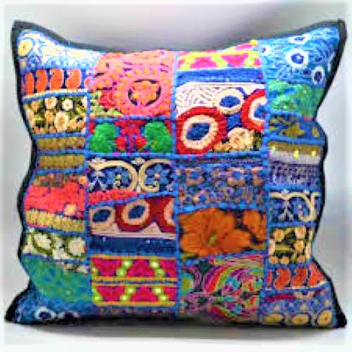 Handmade Ethnic Style Patch Cushion Cover - 16x16 Inch, Multi Color | 100% Polyester, Beaded Pattern, Decorative Fiber Filling, Zipper Closure