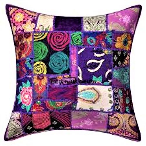 Handmade Ethnic Style Patch Cushion Cover - 16x16 Inch, Multi Color | 100% Polyester, Beaded Pattern, Decorative Fiber Filling, Zipper Closure