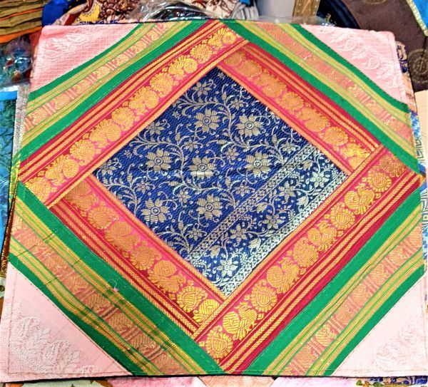 Silk Banarasi Patch Work Cushion Cover - 100% Silk, 16x16 Inch , Multi Color, Handmade Ethnic Style, Fiber Filling, Square Shape, Decorative Zippered Design