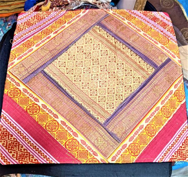 Silk Banarasi Patch Work Cushion Cover - 100% Silk, 16x16 Inch , Multi Color, Handmade Ethnic Style, Fiber Filling, Square Shape, Decorative Zippered Design