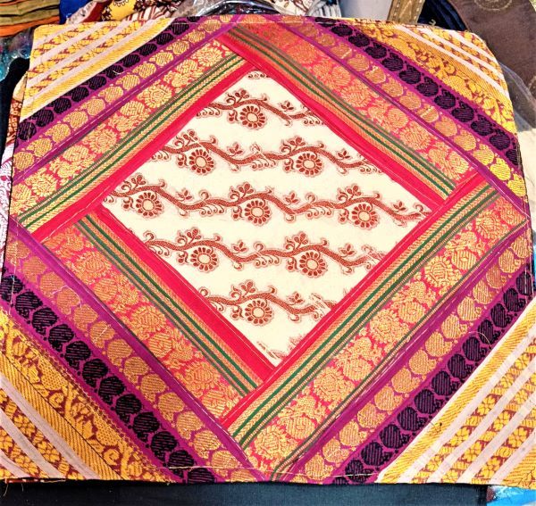 Silk Banarasi Patch Work Cushion Cover - 100% Silk, 16x16 Inch , Multi Color, Handmade Ethnic Style, Fiber Filling, Square Shape, Decorative Zippered Design