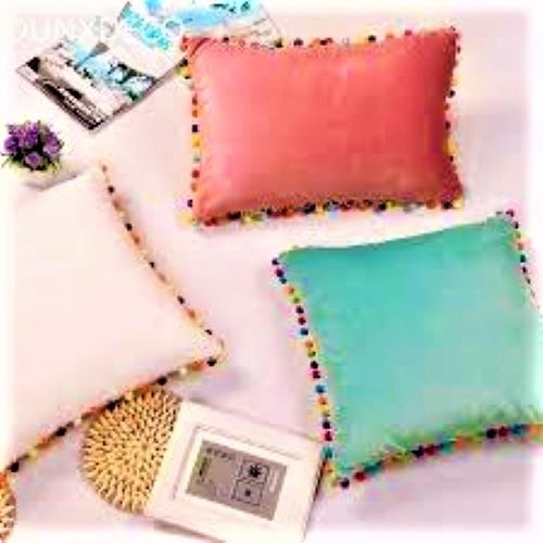 Velvet Pom-pom Cushion Cover - Velvet Fabric, 16x16 Cm, Multi Color | Handmade, Square Shape, Plain Dyed, Decorative Use, Zipper Closure
