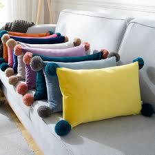 Velvet Pom-pom Cushion Cover - Velvet Fabric, 16x16 Cm, Multi Color | Handmade, Square Shape, Plain Dyed, Decorative Use, Zipper Closure