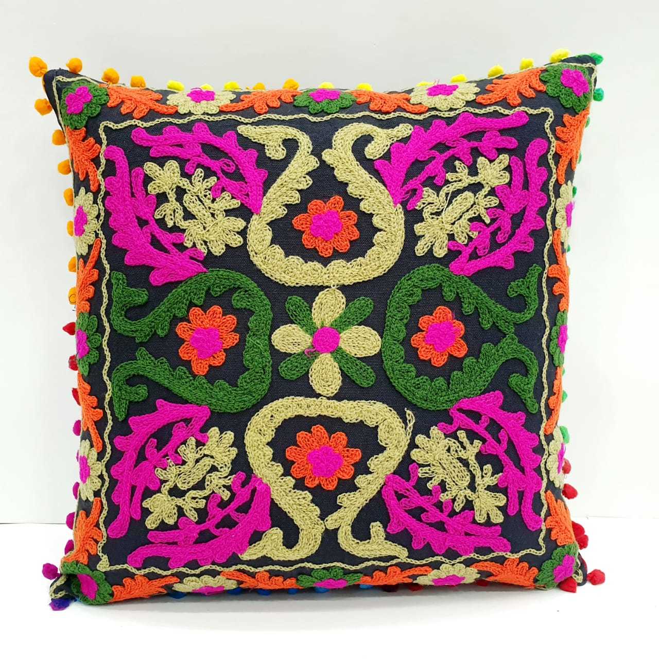 Embroidery Sujani Cushion Cover - 100% Cotton, 16x16 Inches | Multicolor, Ethnic Style, Handmade, Soft And Luxurious