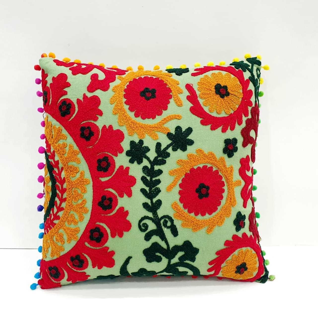 Embroidery Sujani Cushion Cover - 100% Cotton, 16x16 Inches | Multicolor, Ethnic Style, Handmade, Soft And Luxurious