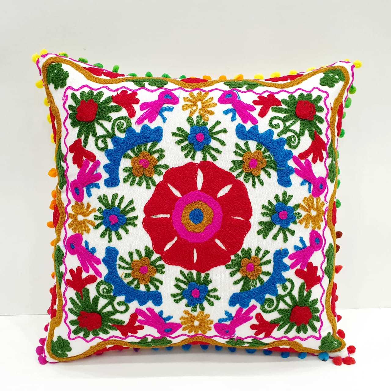 Embroidery Sujani Cushion Cover - 100% Cotton, 16x16 Inches | Multicolor, Ethnic Style, Handmade, Soft And Luxurious