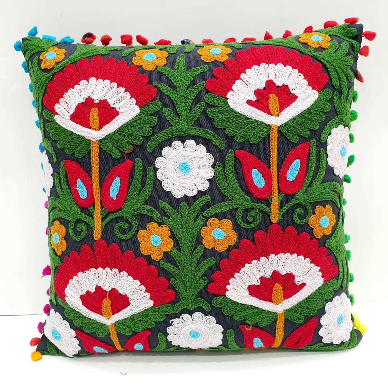 Embroidery Sujani Cushion Cover - 100% Cotton, 16x16 Inches | Multicolor, Ethnic Style, Handmade, Soft And Luxurious