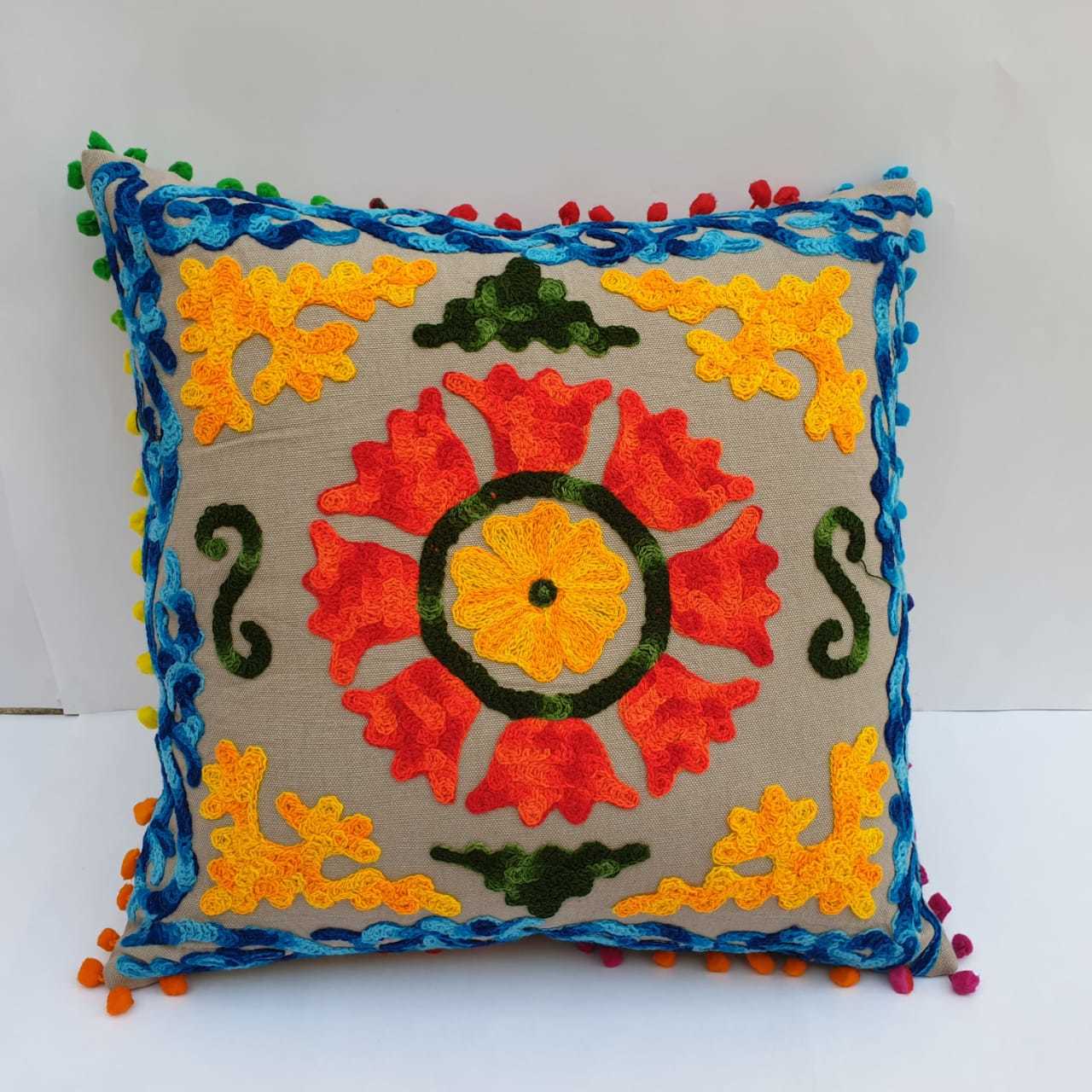 Embroidery Sujani Cushion Cover - 100% Cotton, 16x16 Inches | Multicolor, Ethnic Style, Handmade, Soft And Luxurious