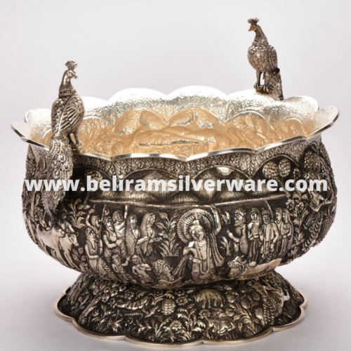 Perched Peacock Krishna Silver Bowl Centerpiece