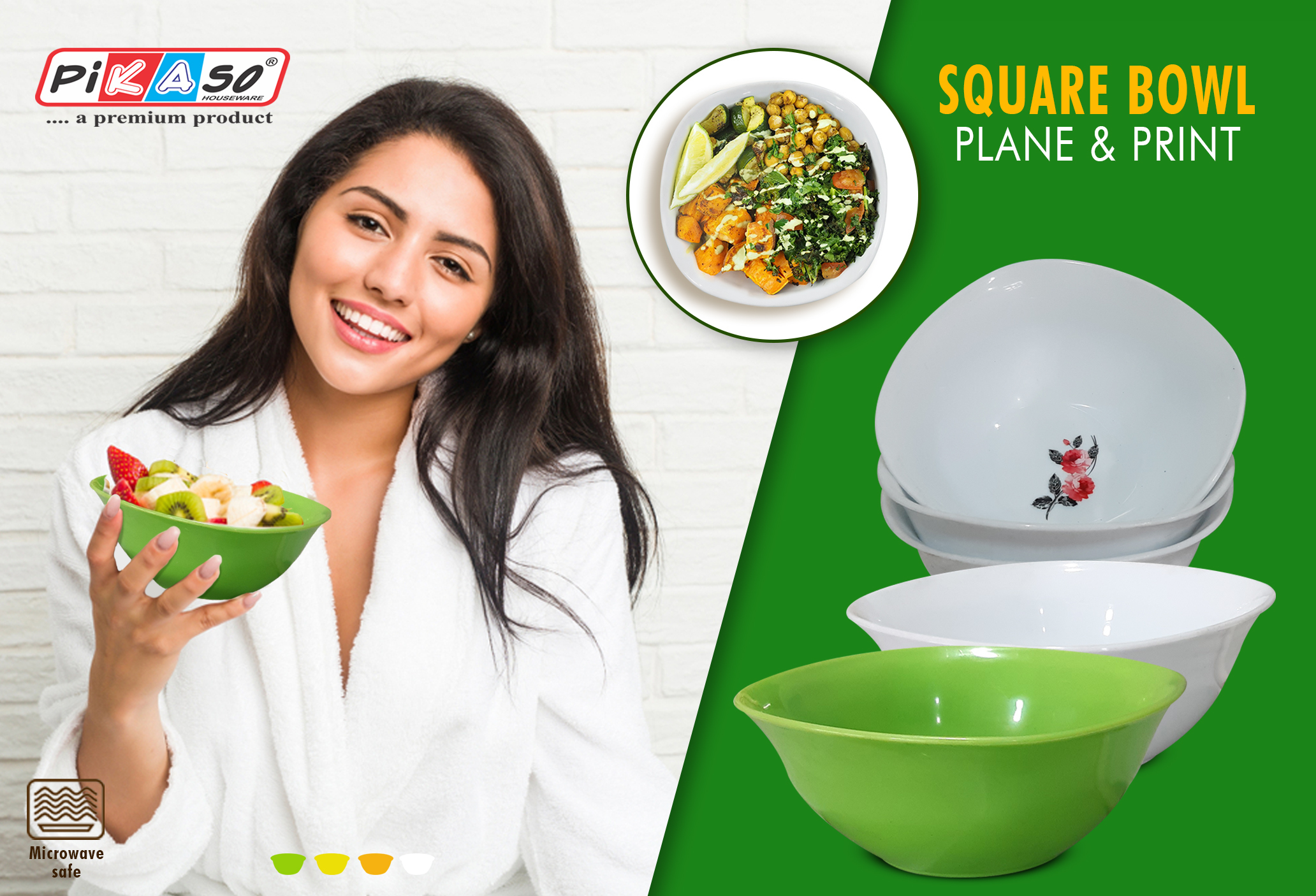 Bowl Square (6 Pc Set) - Polypropylene, 127 X 55.88 X 50.8 Mm , White-orange-yellow-green, Microwave Safe, Soft Texture