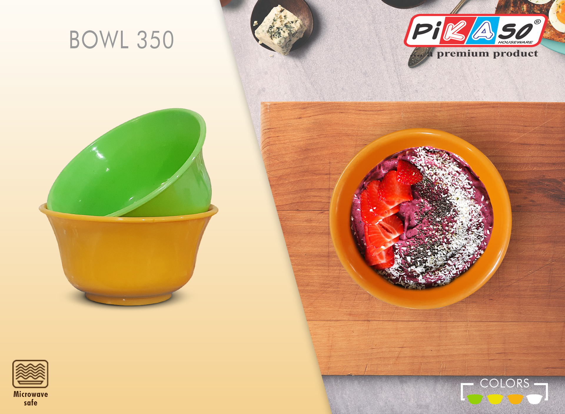 Bowl 350 (6 Pc Set) Shrink - Polypropylene, 114.3 X 55.88 X 63.5 Mm, White-orange-yellow-green | Round, Microwave Safe, Soft, 350 Ml Capacity