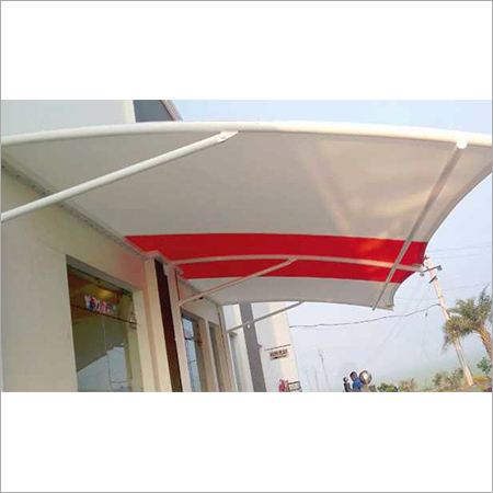 Commercial Awning - Metal Frame & Fabric, Red and White | Fixed Wall Connection, Outdoor Shading Solution