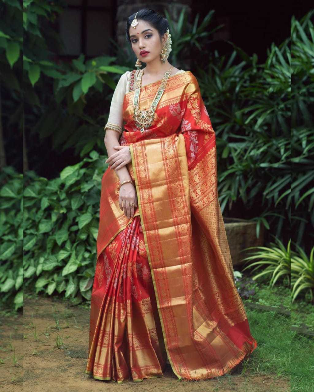 Ladies Pure Silk Saree - Soft Lichi Silk With Heavy Jaquard Border | Vibrant Pure Red Colour, Stylish Rich Pallu, Elegant Weaving Blouse Piece, Lightweight For All Seasons