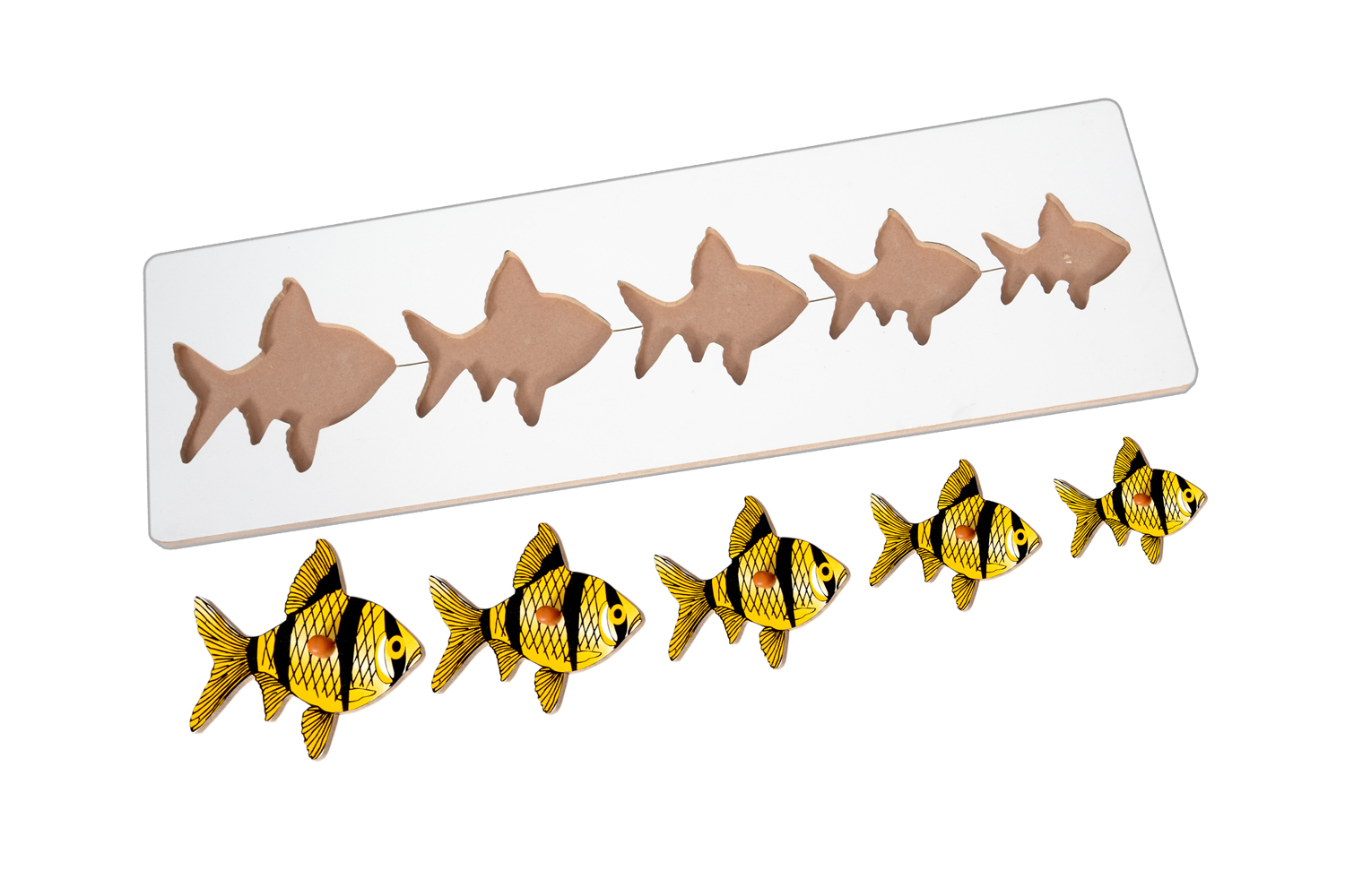 Kidken Montessori Size Variation Inset Board Fish - Mdf Wood, 47x14.5 Cm | Age 3-5, Wooden Seriation Puzzle With Knob For Easy Handling