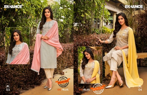 ENHANCE Cotton Embroidered Kurti + Pant + Dupatta Set - Size M to 2XL, 3/4 Sleeve Style, Quick Dry Feature, Custom Logo, Versatile For All Seasons