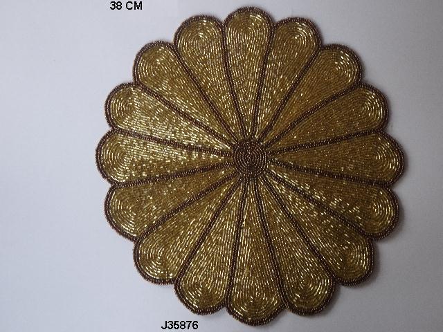 Glass Bead Table Mat - 35 Cm, Golden Beaded Design For Home And Wedding Decoration