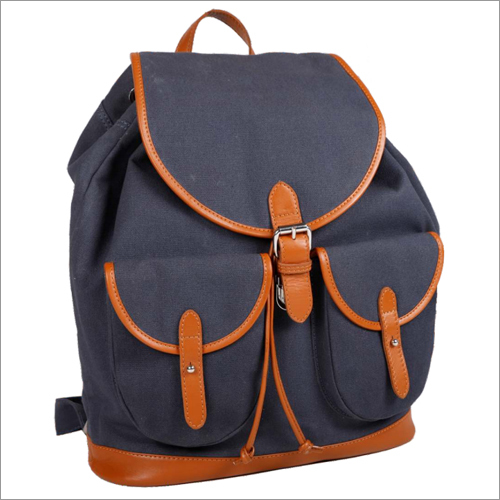 Ladies Handbag - Canvas and Leather, 17" x 12" x 5" , Navy Color with Adjustable Strap and 4 Pockets