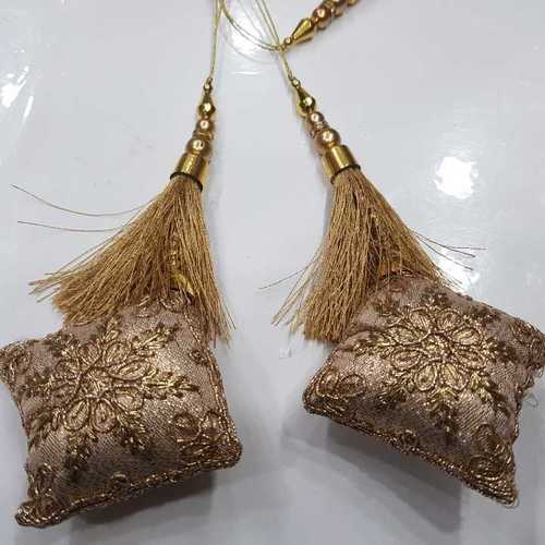 Fancy Latkan Tassels - Fabric & Beads, Small Square Embroidered Design in Gold, Set of 2 Pieces