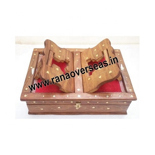 Wood Wooden Brass Inlay Traditional Holy Book Stand With Box