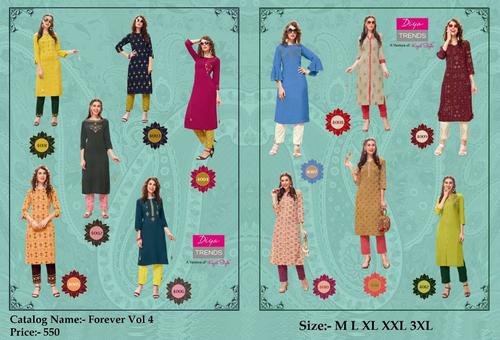 Forever Vol 4 Kurti With Pant Pair - Rayon Fabric, 3-4th Sleeve Style, Sizes S to 4XL | Fancy Embroidery, Washable, Quick Dry, Perfect for All Seasons