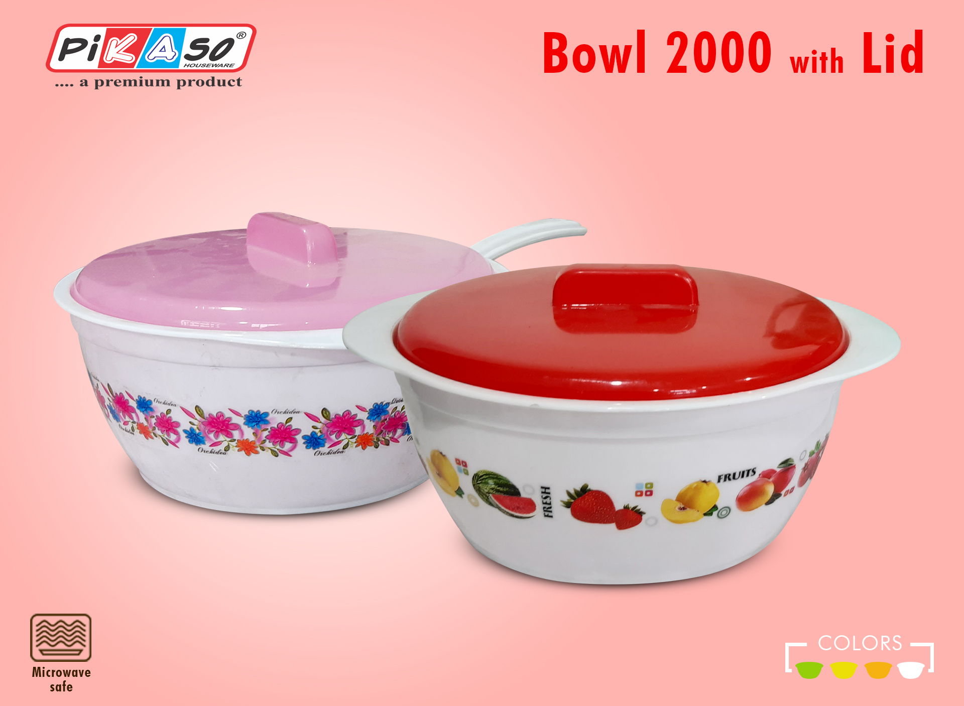 Bowl 2000 With Lid (Shrink Pack) - Polypropylene, 2000 Ml Size, Soft White-orange-yellow-green Color , Microwave Safe, Round Shape, 10x6.5x4 Dimensions