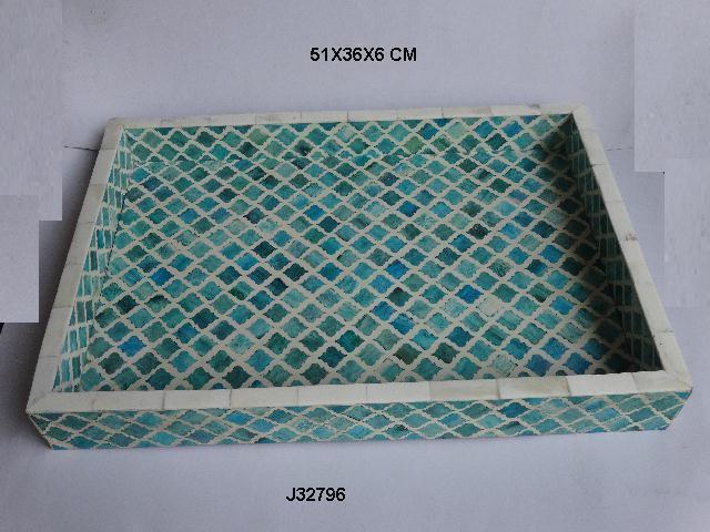 Handmade Rectangular Tray With Bone Inlay Chevron Pattern