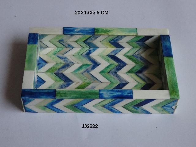 Handmade Rectangular Tray With Bone Inlay Chevron Pattern