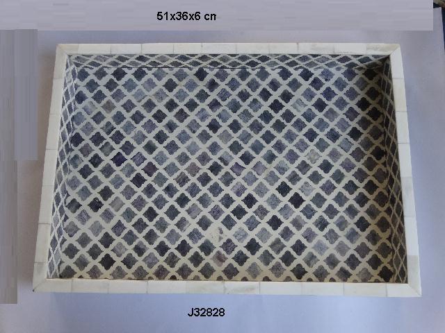 Handmade Rectangular Tray With Bone Inlay White Color