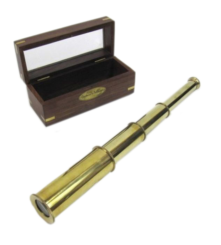 Brass Retractable Handheld Telescope 14 With Wood & Glass Box Captains Telescope View Angle: Straight