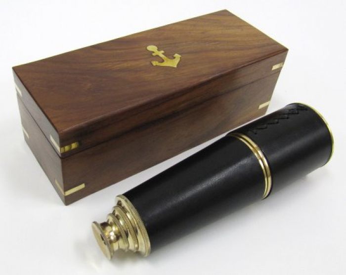 Leather Sheathed Brass Folding Telescope 24 With Wooden Box Nautical Brass Retractable Telescope View Angle: Straight