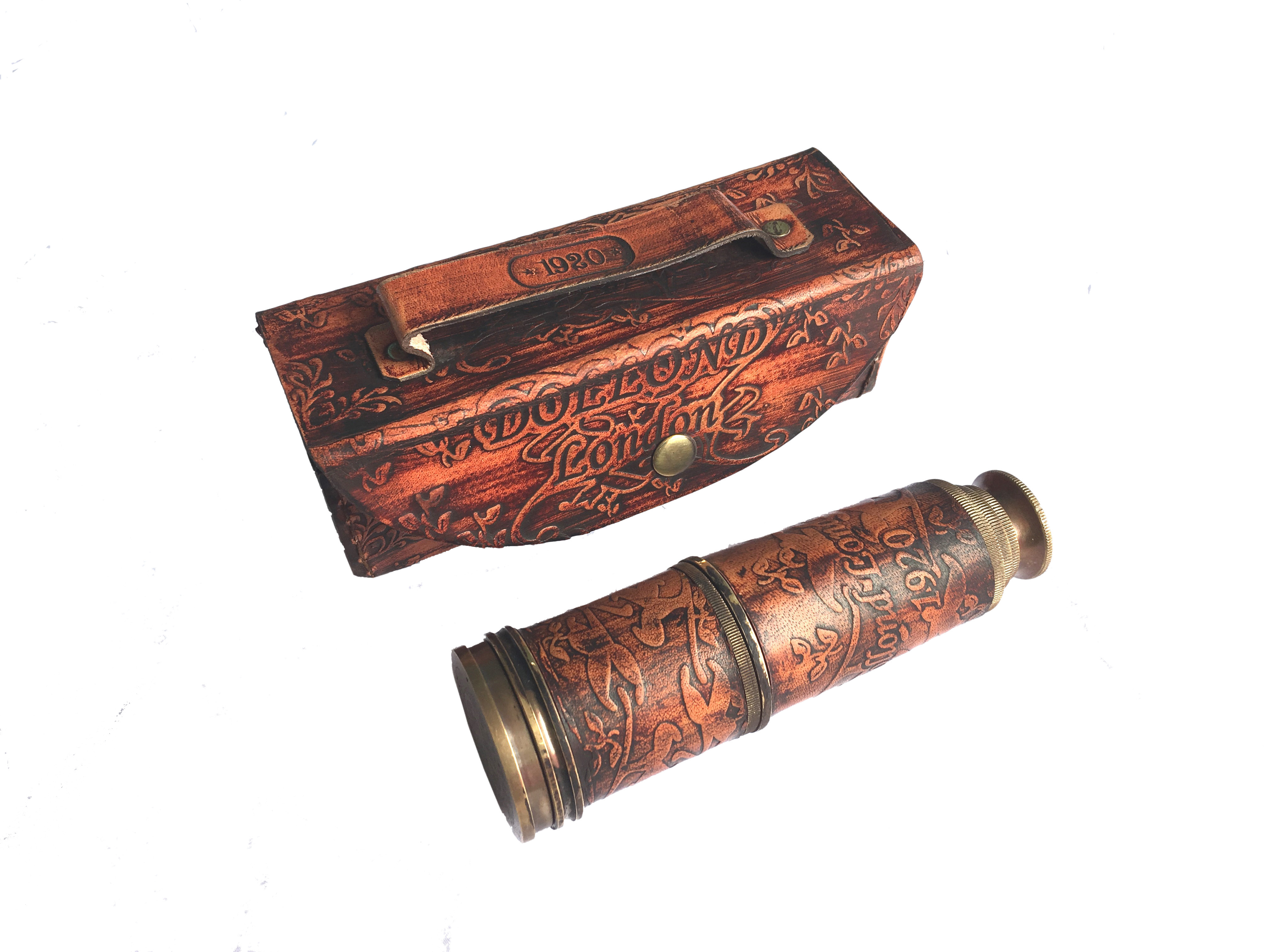 1920 Dollond London Antique Brass Folding Telescope With Leather Case Nautical Brass Pullout Telescope Magnification: 15 X